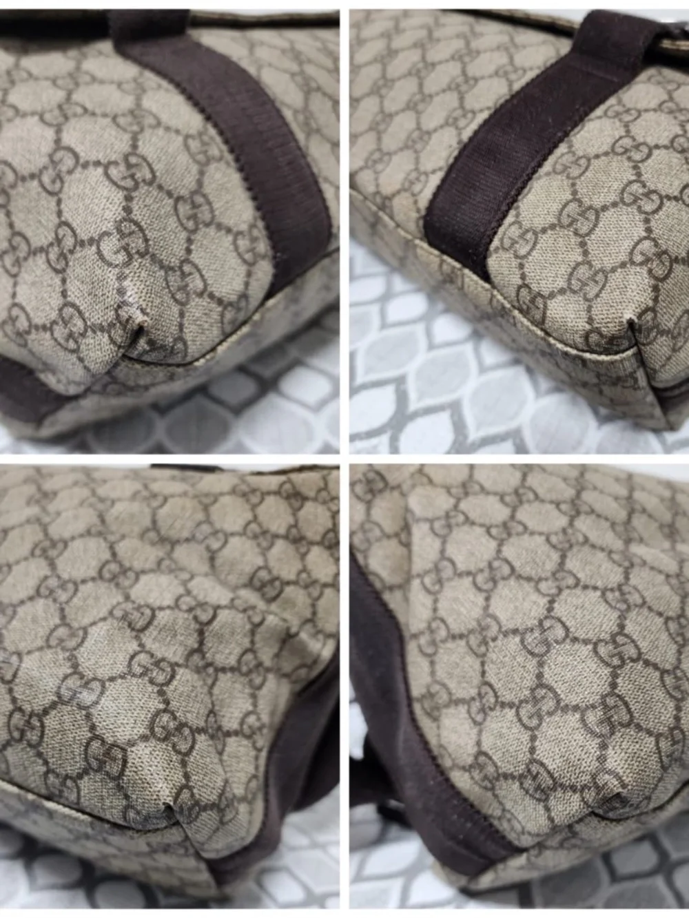 Authentic GUCCI GG Plus Monogram Double Buckle Flap Messenger Bag Beige/Brown
